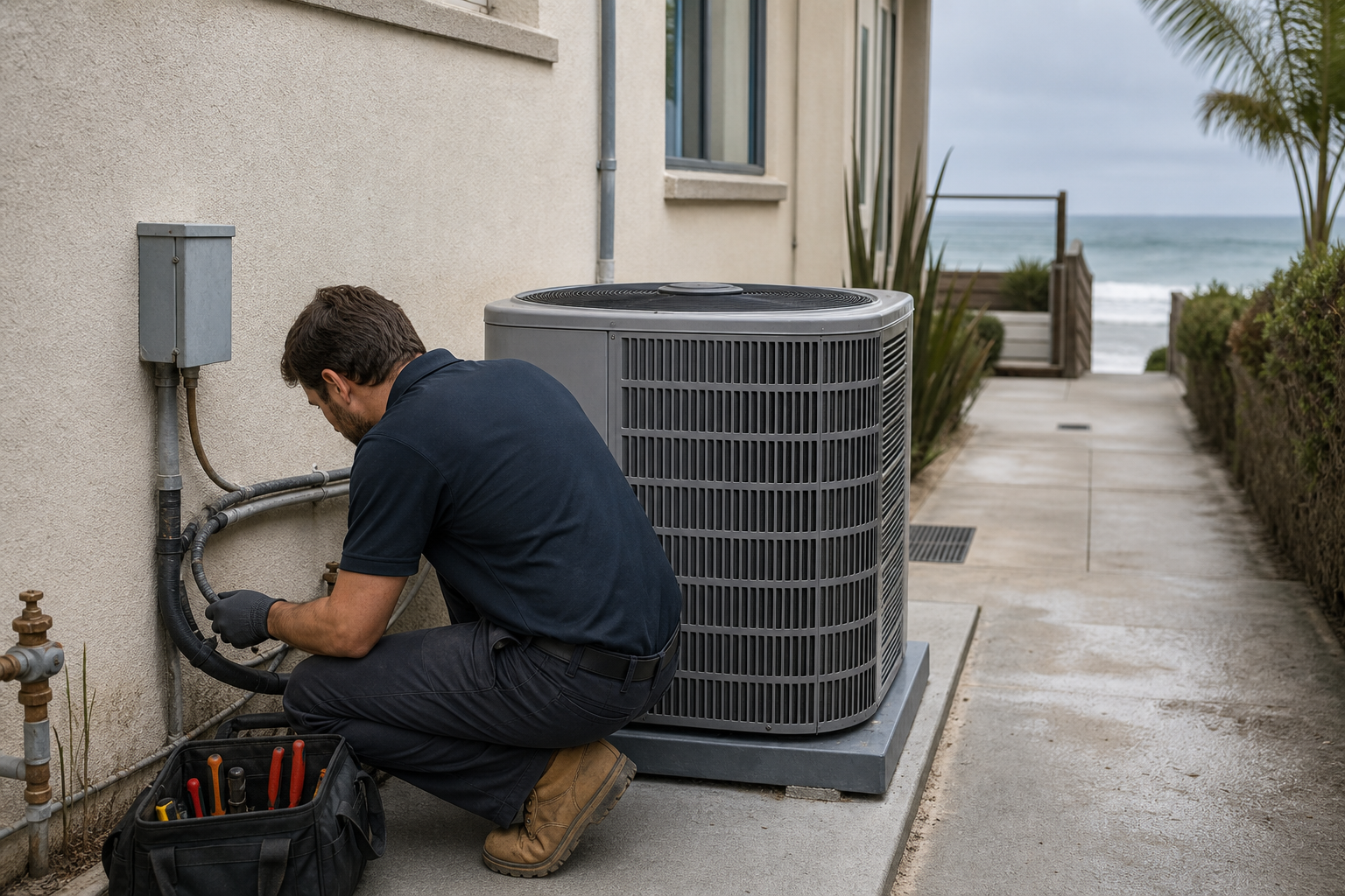 HVAC technician inspecting a coastal Los Angeles outdoor condenser near a stucco home