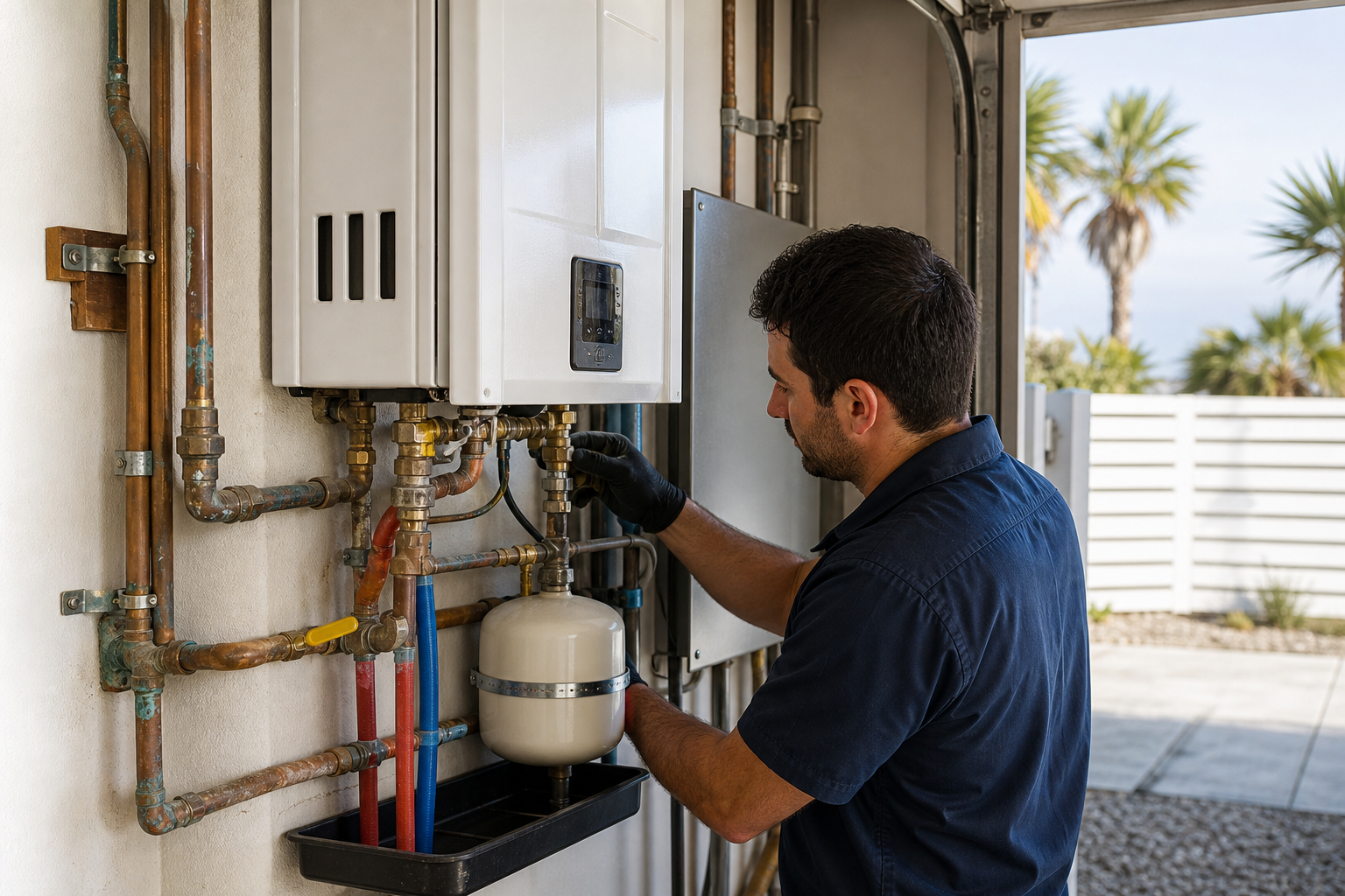 Plumber inspecting a coastal Los Angeles water heater and piping in a tight utility area