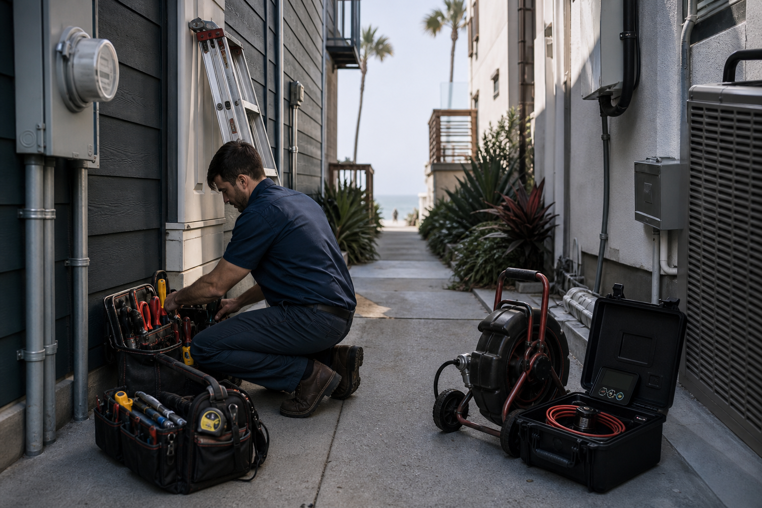 Coastal home service technician preparing tools for HVAC electrical and plumbing work